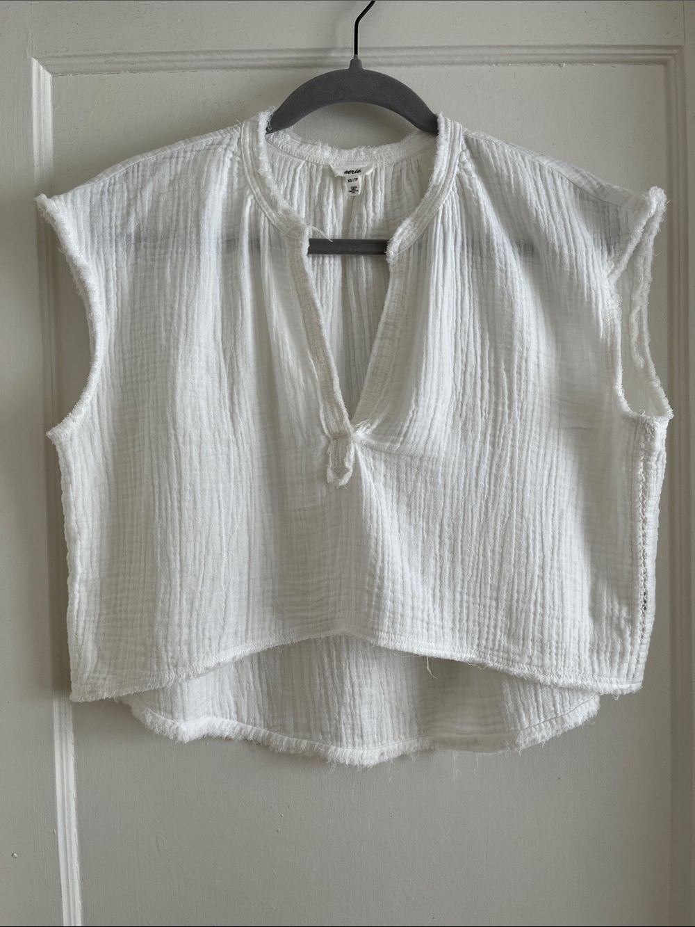 Aerie XS Pool to Party 100% Cotton Gauze Textured White Crop Top Oversized Shirt - Picture 3 of 12